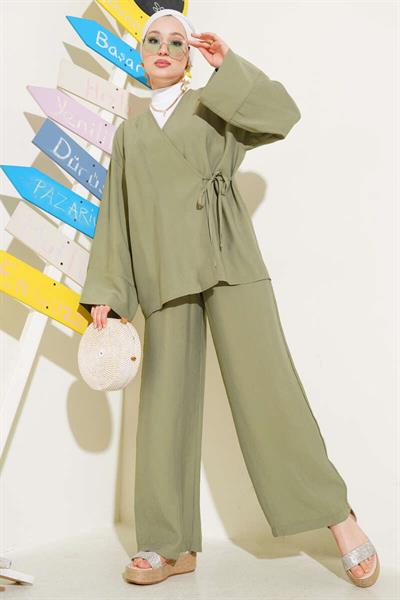 2040 Yandan Bağıcıklı Pantolonlu Tencel Kimono Takım