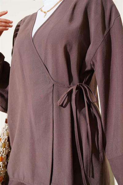 2040 Yandan Bağıcıklı Pantolonlu Tencel Kimono Takım