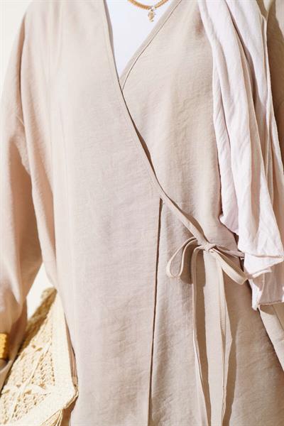 2040 Yandan Bağıcıklı Pantolonlu Tencel Kimono Takım