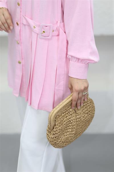 2099 Hakim Yaka Gögüs Pile Ve Kemer Detaylı Keten Tunik