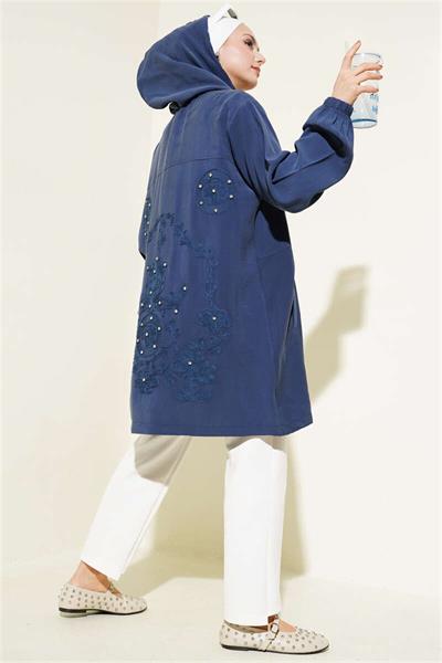 2102 Kapşonlu Fermuarlı Arkası Taş İşlemeli Keten Kap