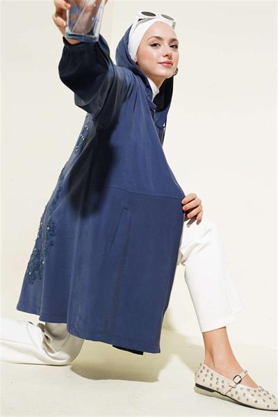 2102 Kapşonlu Fermuarlı Arkası Taş İşlemeli Keten Kap