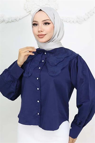 2254 Dantel Nakış Detaylı Bağıcıklı Gömlek