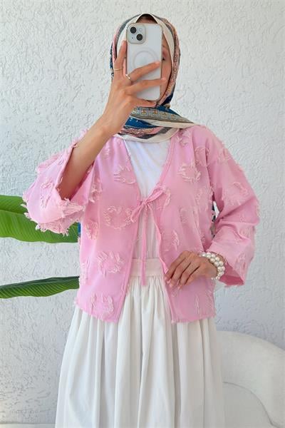 2352 Önü Bağıcıklı Eskitme Detaylı Kimono