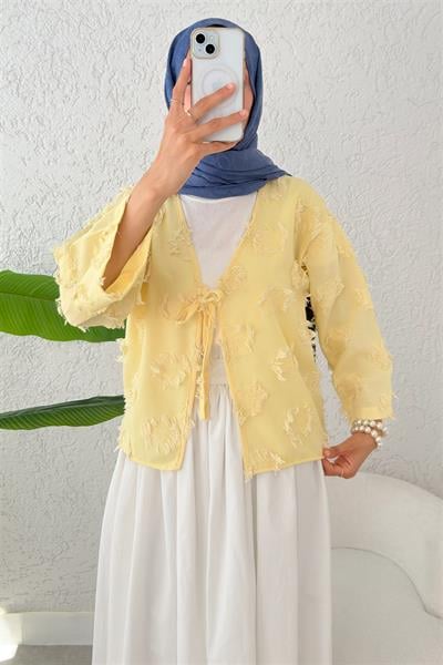 2352 Önü Bağıcıklı Eskitme Detaylı Kimono