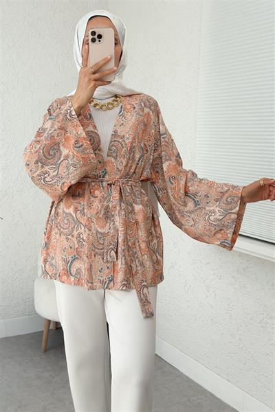 2375 Otantik Desenli Balon Kol Kuşaklı Kimono
