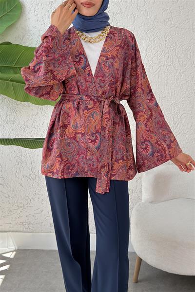 2375 Otantik Desenli Balon Kol Kuşaklı Kimono