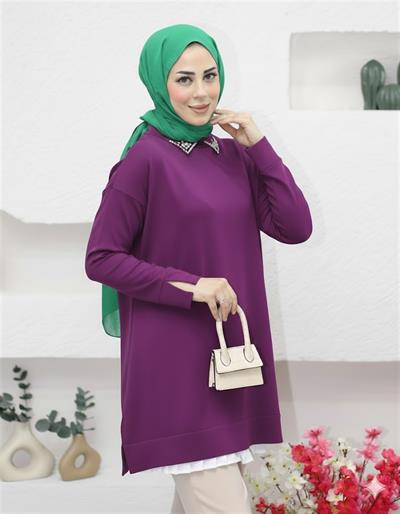 239 Yakası Pırlanta Taş Detaylı Triko Tunik