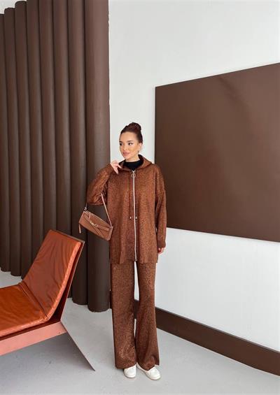 2573 Kapşonlu Fermuarlı Sim Taş Detaylı Triko Takım