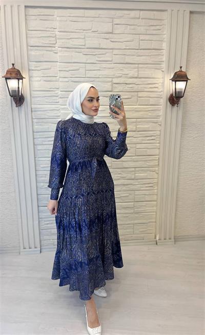 2629 Kuşaklı Otantik Desenli Elbise