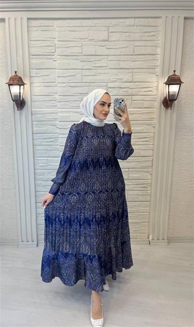 2629 Kuşaklı Otantik Desenli Elbise