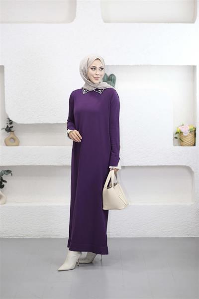 265 Kolu Dantelli Polo Yaka Taşlı Triko Elbise