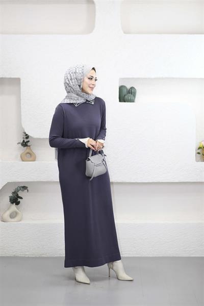 265 Kolu Dantelli Polo Yaka Taşlı Triko Elbise