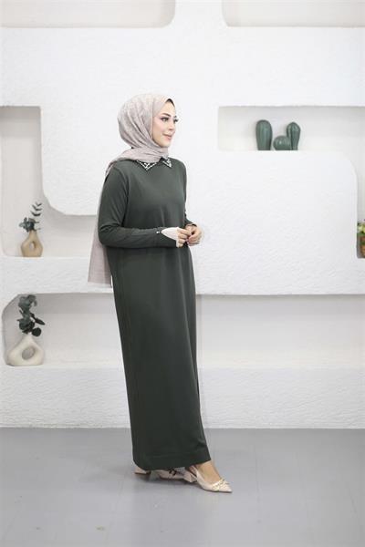 265 Kolu Dantelli Polo Yaka Taşlı Triko Elbise