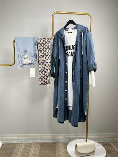 2717 Kapşonlu Beyaz Çıt Çıtlı Kot Kap