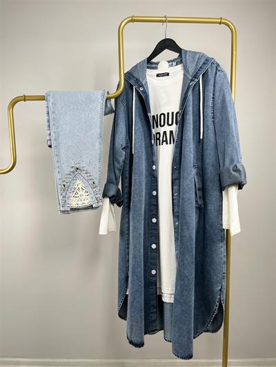 2717 Kapşonlu Beyaz Çıt Çıtlı Kot Kap