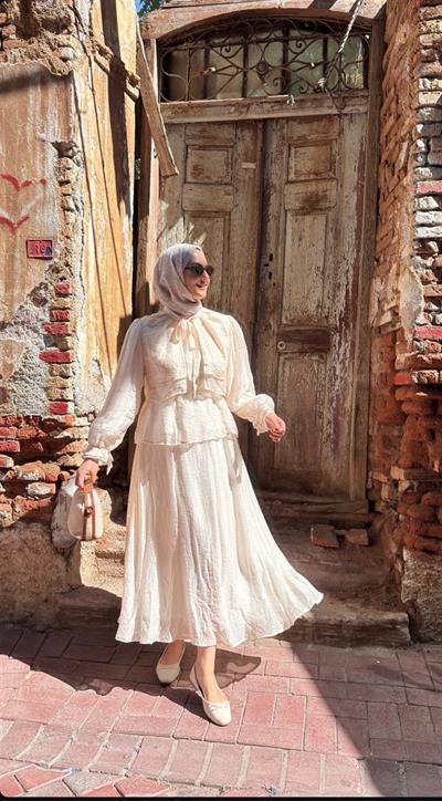 2720 Fularlı Yaka Pelerinli Etekli Şifon Takım