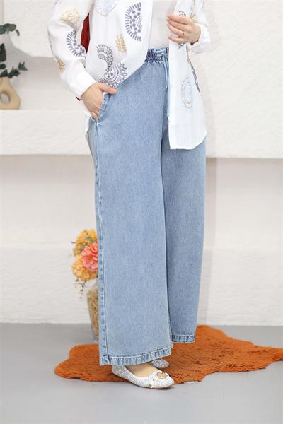 2738 Beli Lastikli Bağıcıklı Bol Paça Kot Pantolon