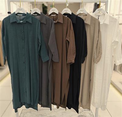2760 Boydan Düğmeli Gömlek Yaka Tencel Tunik