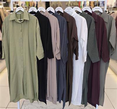 2760 Boydan Düğmeli Gömlek Yaka Tencel Tunik