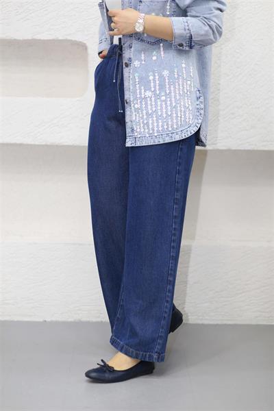 2773 Arkası Cepli Beli Bağıcıklı Bol Paça Tencel Kot Pantolon