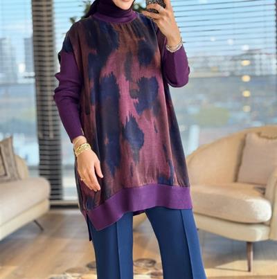 281 Sıfır Yaka Renk Geçişli Triko Garnili Kupra Tunik