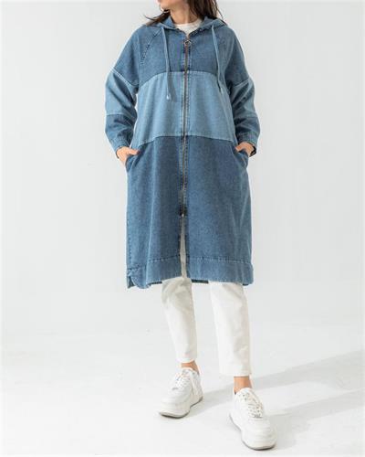 2825 Kapşonlu Boy Fermuarlı Garnili Kot Kap