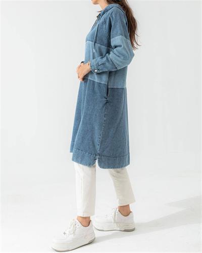 2825 Kapşonlu Boy Fermuarlı Garnili Kot Kap