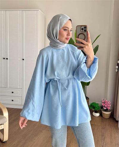 3001 Bağıcıklı Yaka Pervazlı Balon Kol Tunik