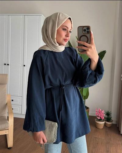 3001 Bağıcıklı Yaka Pervazlı Balon Kol Tunik