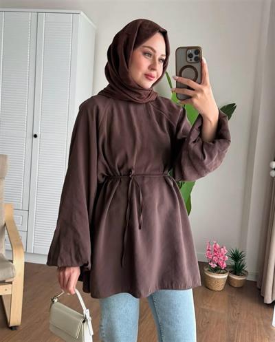 3001 Bağıcıklı Yaka Pervazlı Balon Kol Tunik