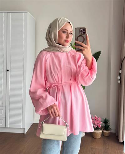 3001 Bağıcıklı Yaka Pervazlı Balon Kol Tunik