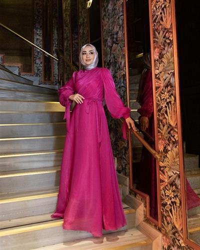 3023 Kuşaklı Gögüs Drape Şifon Elbise