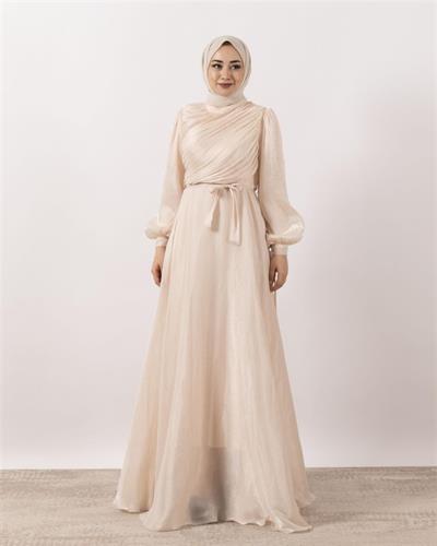 3023 Kuşaklı Gögüs Drape Şifon Elbise