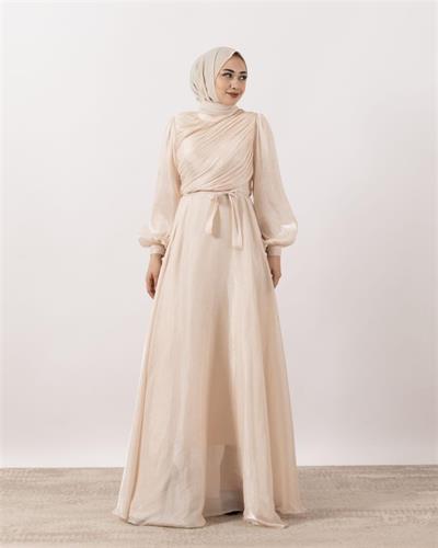 3023 Kuşaklı Gögüs Drape Şifon Elbise