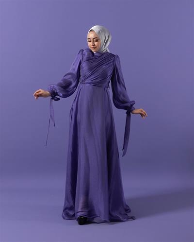 3023 Kuşaklı Gögüs Drape Şifon Elbise