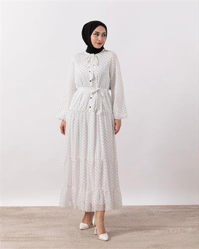 3036 Yakadan Fularl Kuşaklı Puantiye Desenli Yoryo Elbise