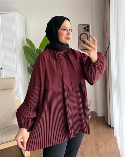 3041 İnce Pile Detaylı Yakadan Fularlı Balon Kol Gömlek Tunik