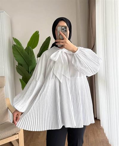 3041 İnce Pile Detaylı Yakadan Fularlı Balon Kol Gömlek Tunik