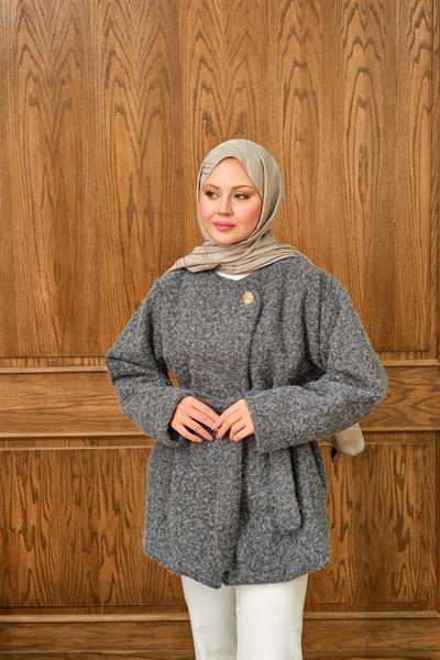 3077 Kuşaklı Tek Düğmeli Kaşe Ceket