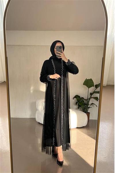 3153 Tül Feraceli Boydan Ve Manşeti İnci Detaylı Kuşaklı Takım