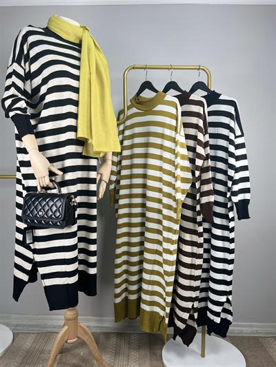 3389 Yarım Balıkçı Enine Çizgili Yeva Triko Tunik