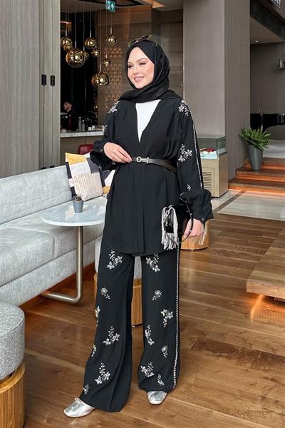 3654 Kuşaklı Taş Motifli Kimono Takım