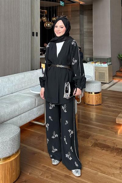 3654 Kuşaklı Taş Motifli Kimono Takım