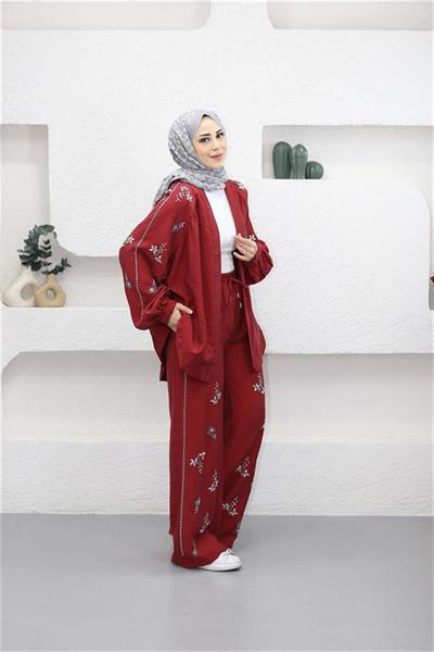 3654 Kuşaklı Taş Motifli Kimono Takım
