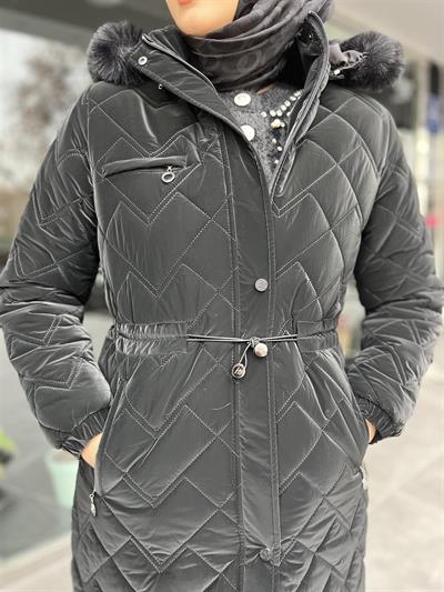 4023 Kapşonu Kürklü Üçgen Desen Dikişli Mont