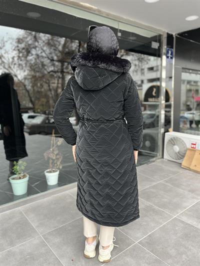 4023 Kapşonu Kürklü Üçgen Desen Dikişli Mont