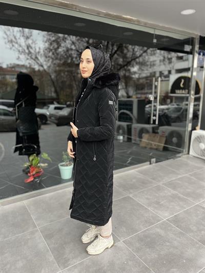 4023 Kapşonu Kürklü Üçgen Desen Dikişli Mont