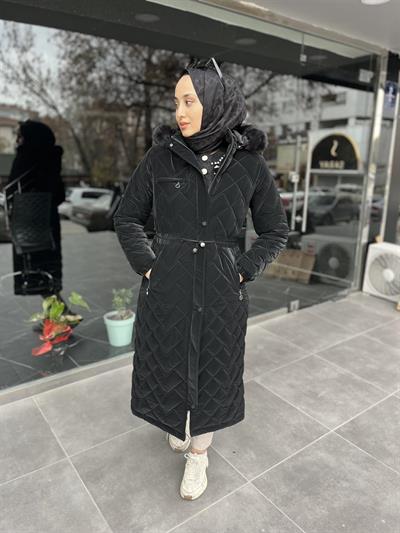 4023 Kapşonu Kürklü Üçgen Desen Dikişli Mont
