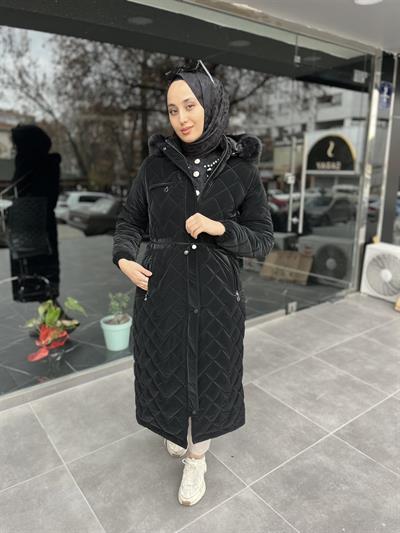 4023 Kapşonu Kürklü Üçgen Desen Dikişli Mont
